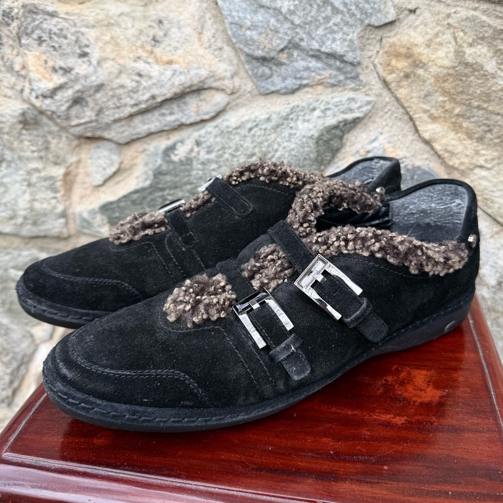 Stuart Weitzman Shearling & Suede Leather Black Buckle Shoes